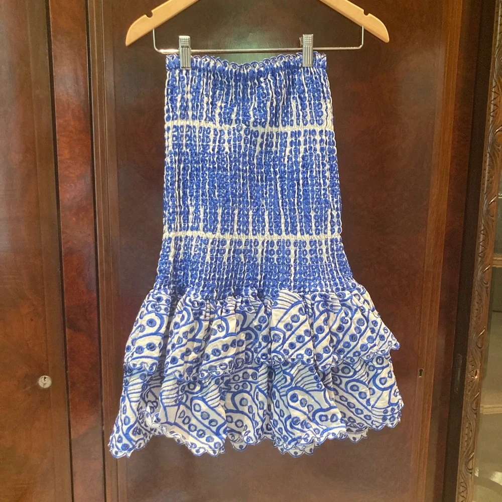 Blue White Eyelet Smocked Drop Waist Dress. Never worn. New with tags. - Picture 4 of 5